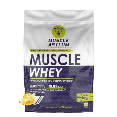 Muscle Asylum- Muscle Whey 100% Whey Protein - 24g Protein, 5.2g BCAA - Banana (25 Servings) - 1 Kg (2.2Lbs)
