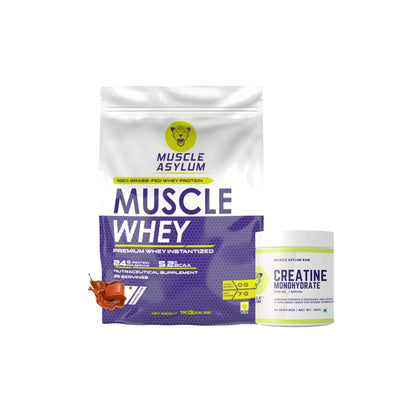 Muscle Asylum- Muscle Whey 100% Whey Protein - 24g Protein, 5.29g BCAA - Double Chocolate (29 Servings) - 1 Kg (2.2Lbs) & Micronized Creatine Monohydrate Powder - 33 Servings, 100gm (Unflavored)