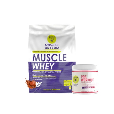 Muscle Asylum- Muscle Whey 100% Whey Protein - 24g Protein, 5.29g BCAA - Double Chocolate (29 Servings) - 1 Kg (2.2Lbs) & Muscle Asylum Pre-Workout - 30 Servings, 180gm (FRUIT PUNCH)