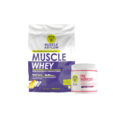 Muscle Asylum- Muscle Whey 100% Whey Protein - 24g Protein, 5.29g BCAA - Kulfi (29 Servings) - 1 Kg (2.2Lbs) & Muscle Asylum Pre-Workout - 30 Servings, 180gm (Fruit Punch)