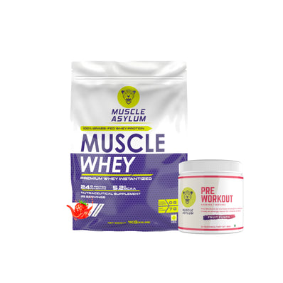 Muscle Asylum- Muscle Whey 100% Whey Protein - 24g Protein, 5.29g BCAA - Strawberry (29 Servings) - 1 Kg (2.2Lbs) & Muscle Asylum Pre-Workout - 30 Servings, 180gm (FRUIT PUNCH)