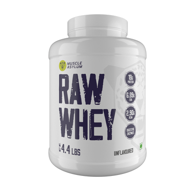 Muscle Asylum- Raw Whey Protein Concentrate- 18g Protein per serving, 6.89 EAA, 2.90g BCAA with Digestive Enzymes -(2kg / 4.4lbs)