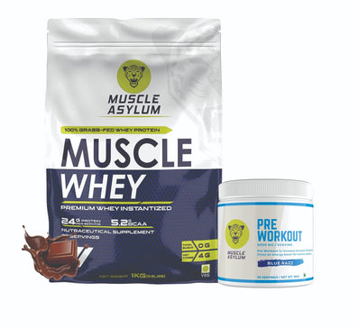 Muscle Asylum- Muscle Whey 100% Whey Protein - 24g Protein, 5.29g BCAA - Double Chocolate (29 Servings) - 1 Kg (2.2Lbs) & Muscle Asylum Pre-Workout - 30 Servings, 100gm (BLUE RAZZ))