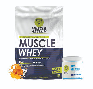 Muscle Asylum- Muscle Whey 100% Whey Protein - 24g Protein, 5.29g BCAA - Salted caramel (29 Servings) - 1 Kg (2.2Lbs) & Muscle Asylum Pre-Workout - 30 Servings, 100gm (Blue Razz))