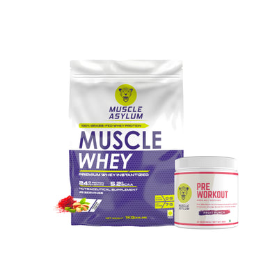 Muscle Asylum- Muscle Whey 100% Whey Protein - 24g Protein, 5.29g BCAA - Kesar Pista (29 Servings) - 1 Kg (2.2Lbs) & Muscle Asylum Pre-Workout - 30 Servings, 180gm (FRUIT PUNCH)