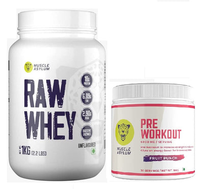 Muscle Asylum Pre-Workout - 30 Servings, 180gm (Fruit Punch) & Muscle Asylum- Whey Protein Concentrate- 18g Protein per serving - (Unflavoured, 1 kg / 2.2 lb, 29 Servings)
