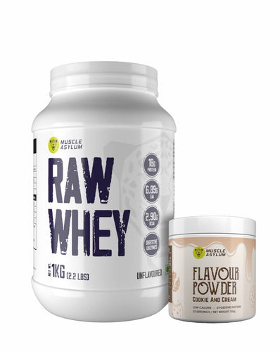 Muscle Asylum- Whey Protein Concentrate 80% - 18g Protein, 6.89 EAA, 2.90g BCAA with Digestive Enzymes - Unflavoured,1 kg & Flavour Powder For Raw Whey Protein 33 Servings (Cookie & Cream)