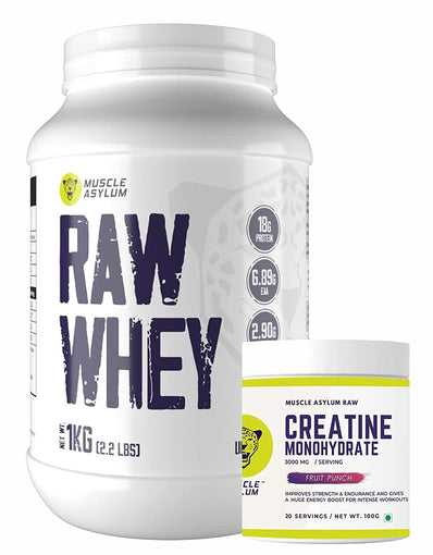 Muscle Asylum- Whey Protein Concentrate 80% - 18g Protein, 6.89 EAA, 2.90g BCAA with Digestive Enzymes - (Unflavoured, 1 kg -Creatine Monohydrate Powder - 20 Servings, 100gm (Fruit Punch)